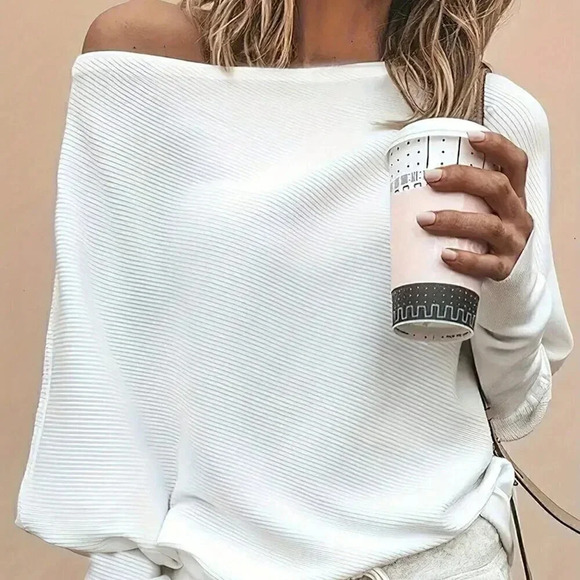Tops - White Casual Women's Solid Color Asymmetrical Collar Batwing Long Sleeve T-Shirt
